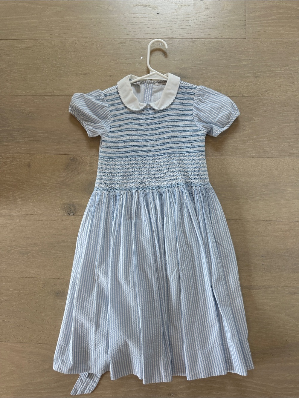 Blue & White Peter Pan Collar Girls' Smocked Dress